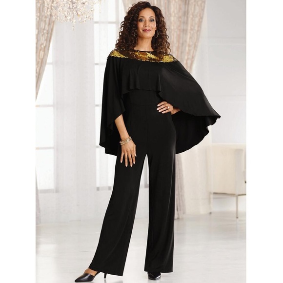 Studio EY Pants - Plus Size Black Jumpsuit w/ Gold Sequins on Cape, NEW WITH TAGS ATTATCHED, 2X